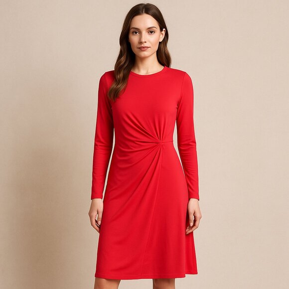 BCBGMAXAZRIA Red Long Sleeve Dress M Side Twist Gathered Front Stretch Knit - Picture 1 of 9